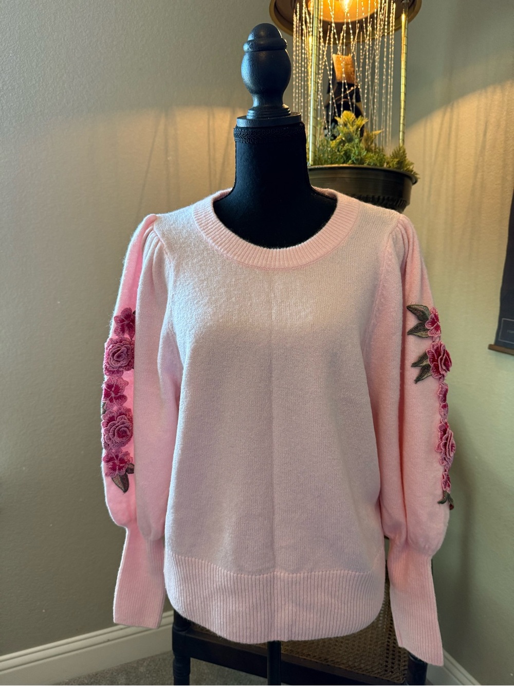 CeCe L’amour romantic Pink Crewneck Sweater with 3D Floral Embroidered Sleeves.
